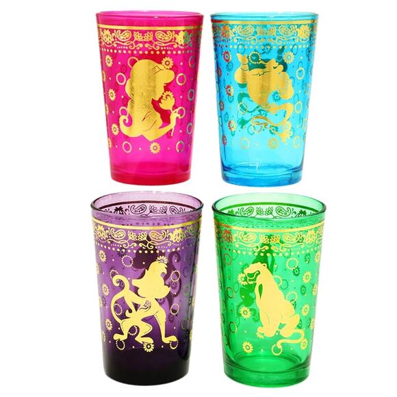 Disney Aladdin Moroccan Tea Juice Glass Set of 4 Gold Trim Genie Jasmine 8oz NEW - Picture 1 of 14